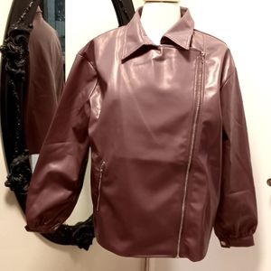 Burgundy faux leather Moto fashion jacket sz L   /B8